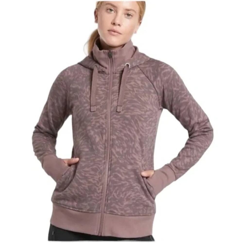 Athleta Triumph Printed Hoodie Jacket Black Leopard Full Zip Sweatshirt Small